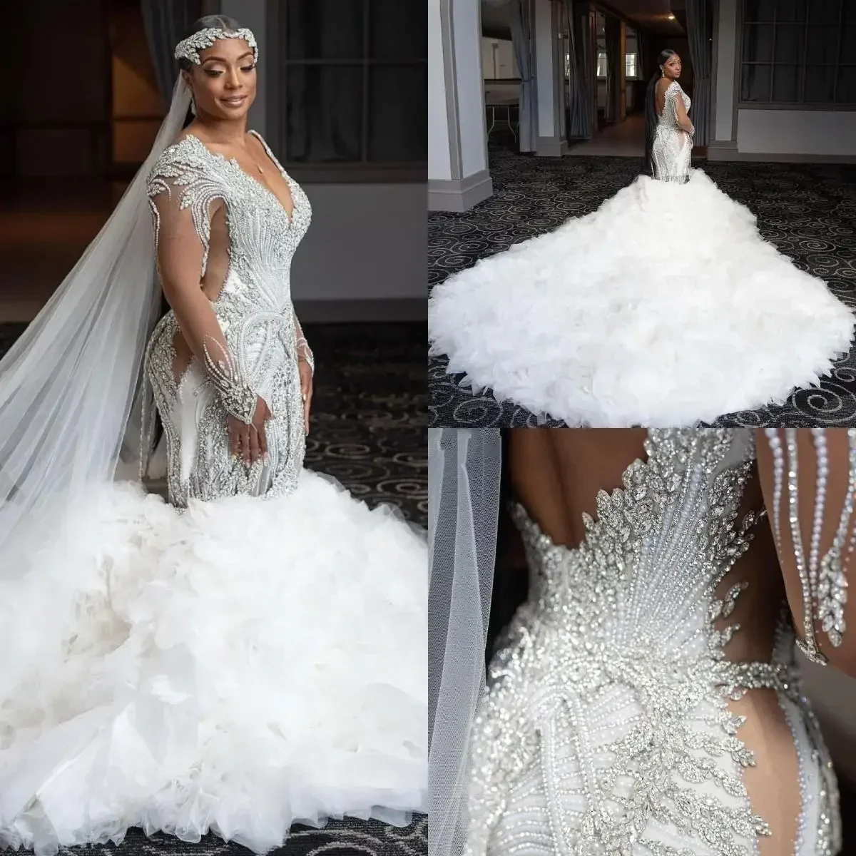 Customized Luxury Beaded Mermaid Wedding Dresses Princess Crystal Pearls Beading Corset V Neck Organza Ruffles Cathedral Train B
Customized Luxury Beaded Mermaid Wedding Dresses Princess Crystal Pearls Beading Corset V Neck Organza Ruffles Cathedral Train B