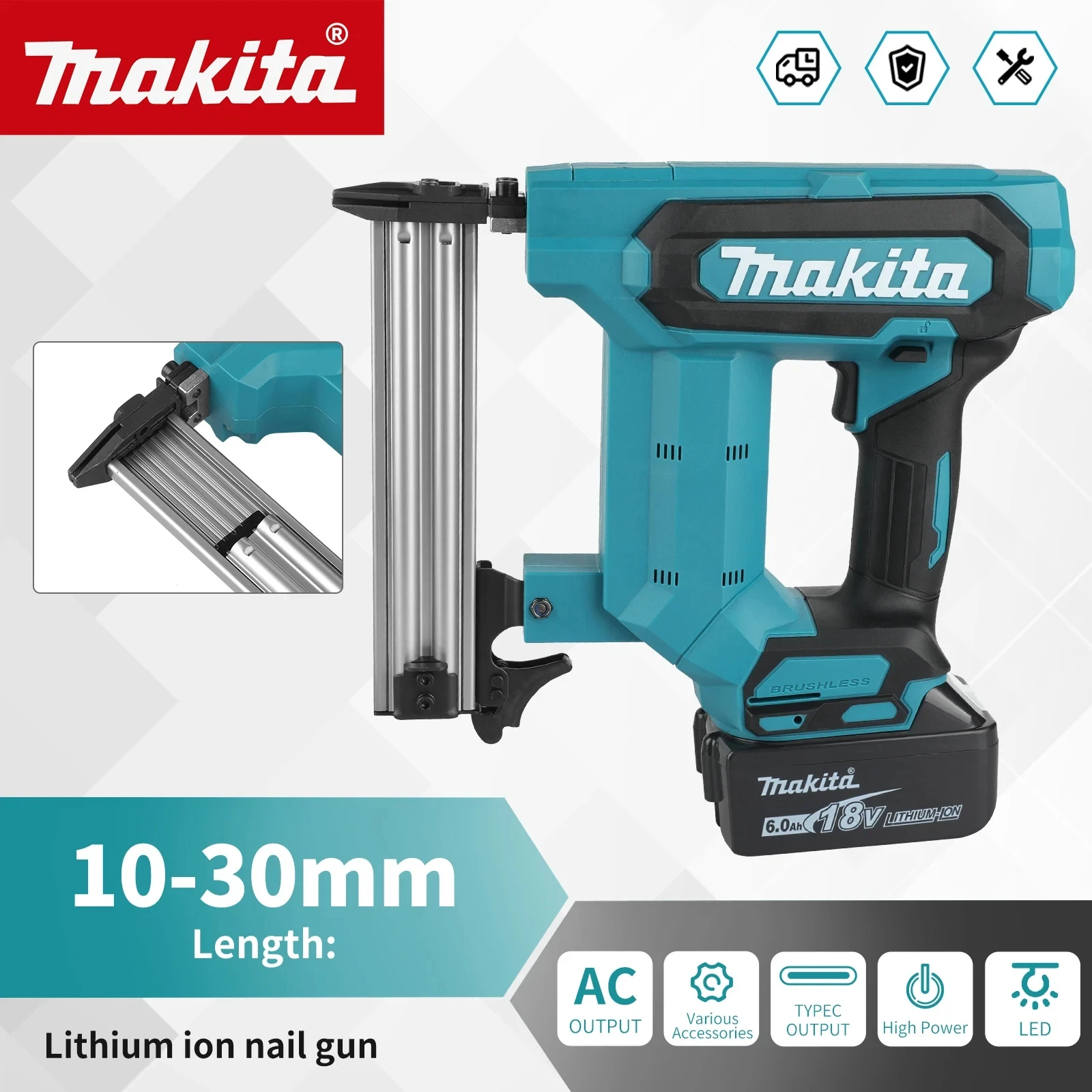 Аккумуляторный бесщеточный гвоздезабиватель Makita F30 18В, 100 гвоздей, 6.0Ач для работ по дереву, напольных покрытий, стеллажей и DIY-проектов
Аккумуляторный бесщеточный гвоздезабиватель Makita F30 18В, 100 гвоздей, 6.0Ач для работ по дереву, напольных покрытий, стеллажей и DIY-проектов