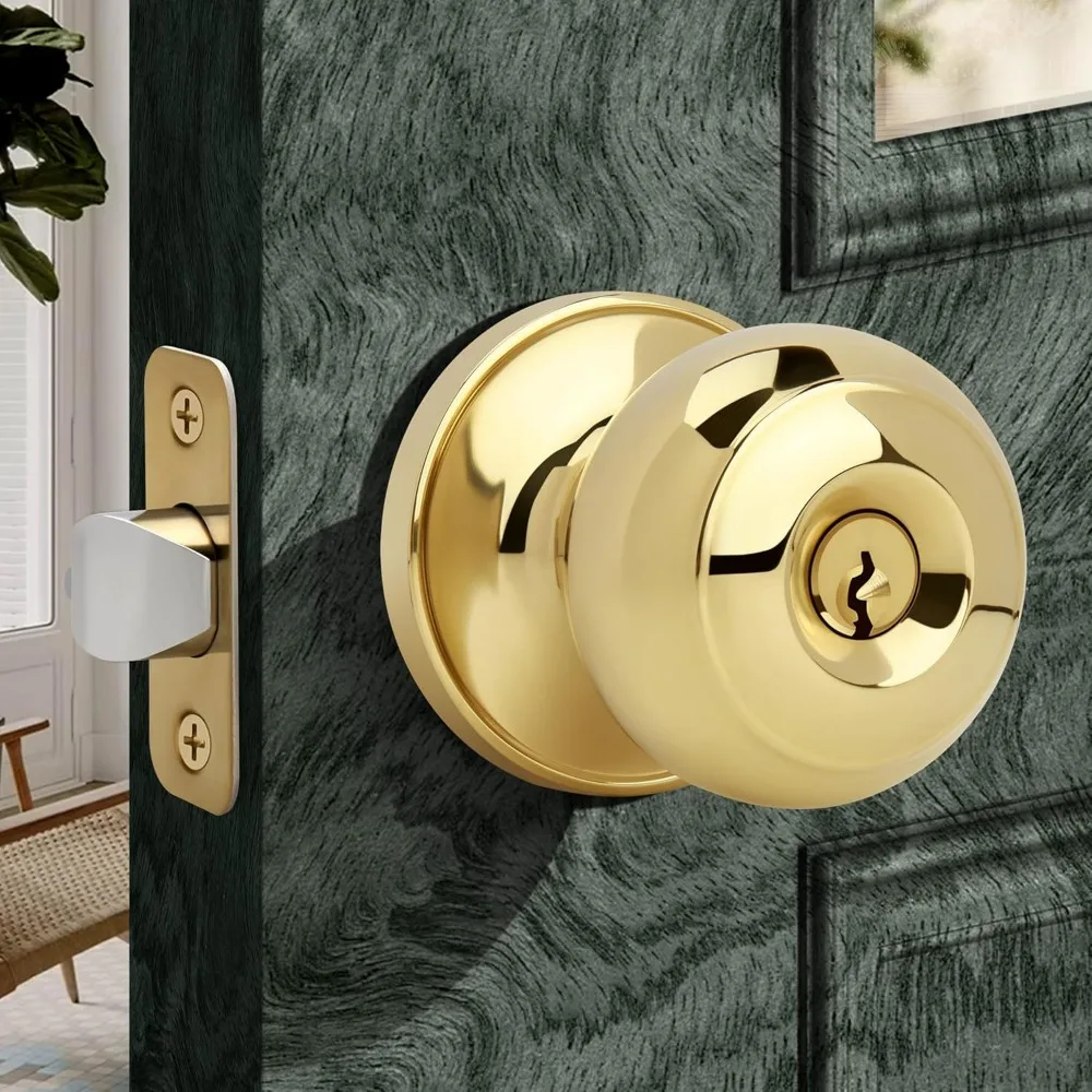 Flat Ball Entry Door Knob with Keys, Round Interior Door Knob in Polished Brass Finish, Keyed Doorknob Lock for Front Entrance
Flat Ball Entry Door Knob with Keys, Round Interior Door Knob in Polished Brass Finish, Keyed Doorknob Lock for Front Entrance