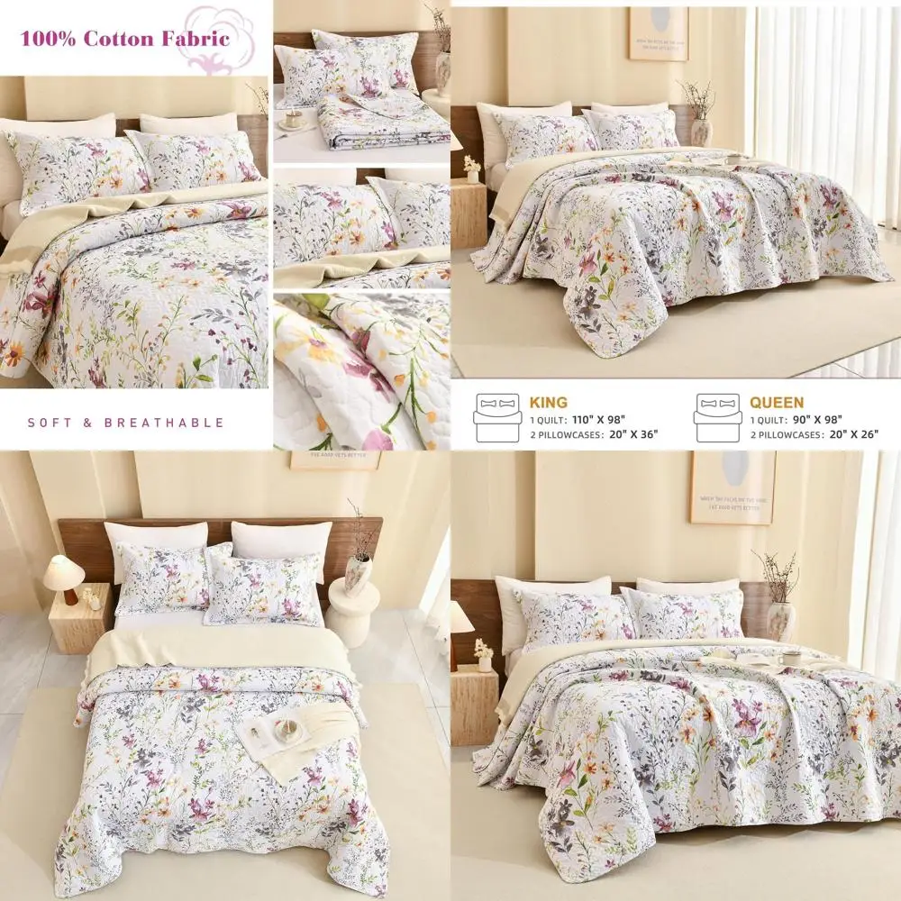 Queen Size Floral 100% Cotton Bedding Set with Yellow Wild Flower Print, 3-Piece Bedspread Coverlet and Pillowcases
Queen Size Floral 100% Cotton Bedding Set with Yellow Wild Flower Print, 3-Piece Bedspread Coverlet and Pillowcases