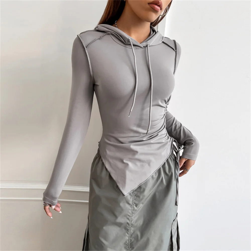 Women Drawstring Shirring Hooded Autumn Solid Grey Slim Long Sleeve Irregular T-Shirt Y2K Top Body-Shaping Streetwear Tees
Women Drawstring Shirring Hooded Autumn Solid Grey Slim Long Sleeve Irregular T-Shirt Y2K Top Body-Shaping Streetwear Tees