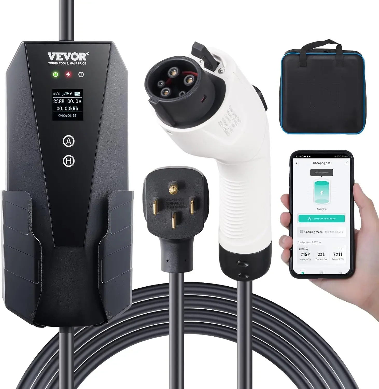 Level 2 Portable EV Charger, 32 Amp 240V, Electric Vehicle Charger with 28 ft Charging Cable NEMA 14-50P Plug
Level 2 Portable EV Charger, 32 Amp 240V, Electric Vehicle Charger with 28 ft Charging Cable NEMA 14-50P Plug