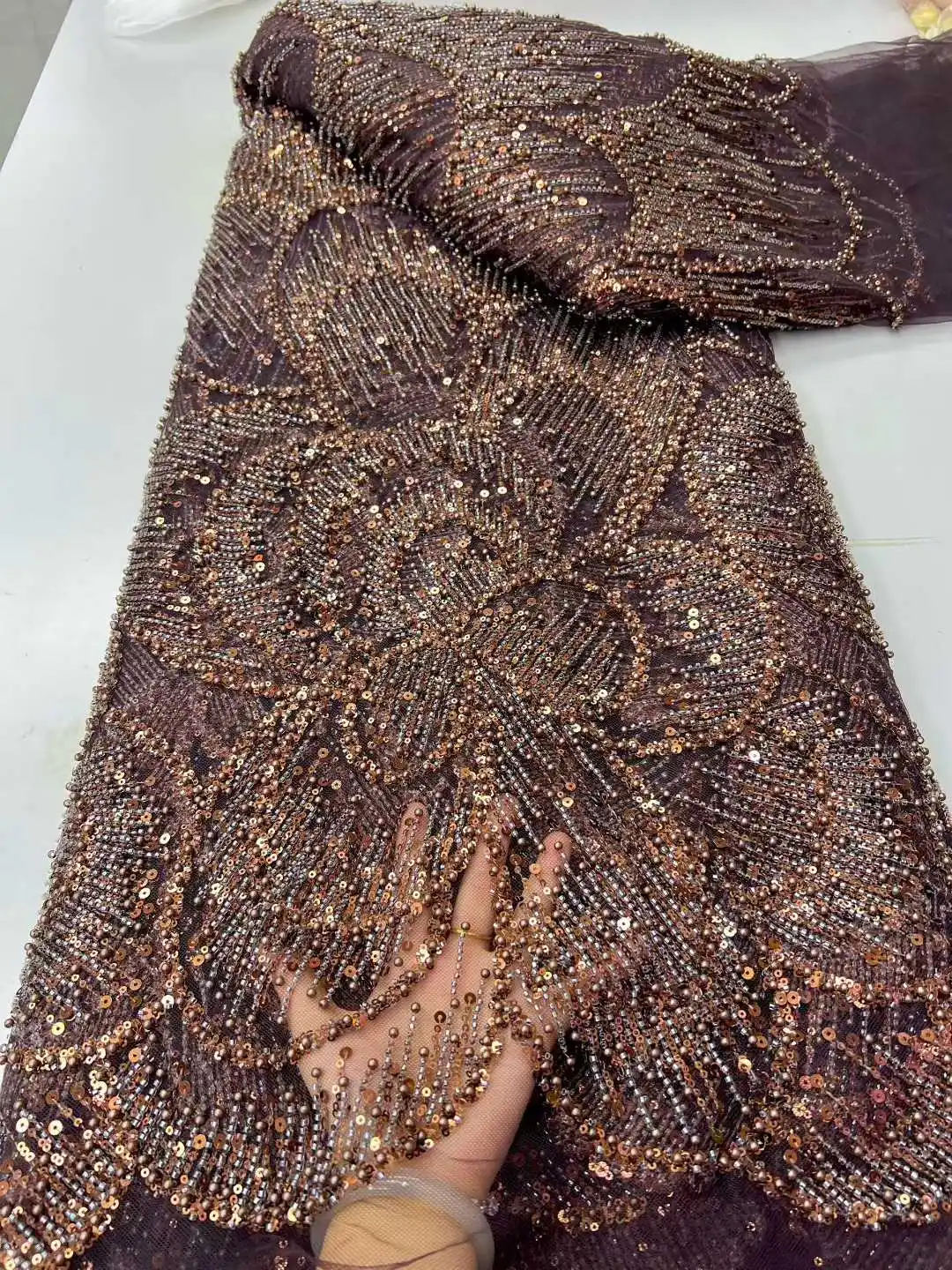 African Nigerian Groom Luxury Sequins Beads Lace Fabric 2026 BrownHigh Quality French Tulle Lace Fabric For Bridal Dress Sewing
African Nigerian Groom Luxury Sequins Beads Lace Fabric 2026 BrownHigh Quality French Tulle Lace Fabric For Bridal Dress Sewing