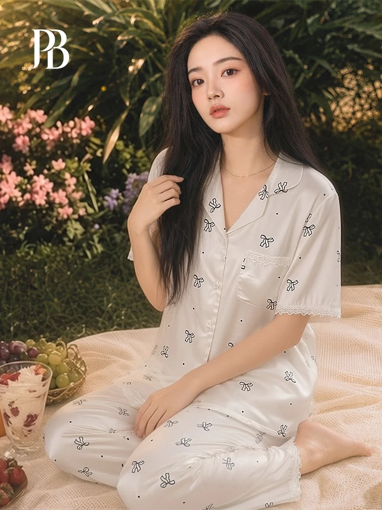 Pinkbread Ice Silk Ladies Sleepwear Short Sleeve Long Pants Home Clothes Knot Summer Cool Feeling Outerwear
Pinkbread Ice Silk Ladies Sleepwear Short Sleeve Long Pants Home Clothes Knot Summer Cool Feeling Outerwear