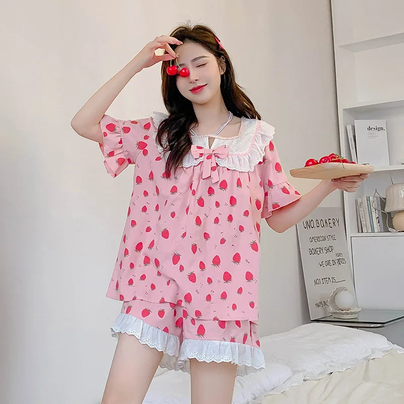 Summer Cotton Cartoon Print Women Pajamas Lady Two Piece Set Homewear Female Loose Casual Sleepwear Nightwear
Summer Cotton Cartoon Print Women Pajamas Lady Two Piece Set Homewear Female Loose Casual Sleepwear Nightwear