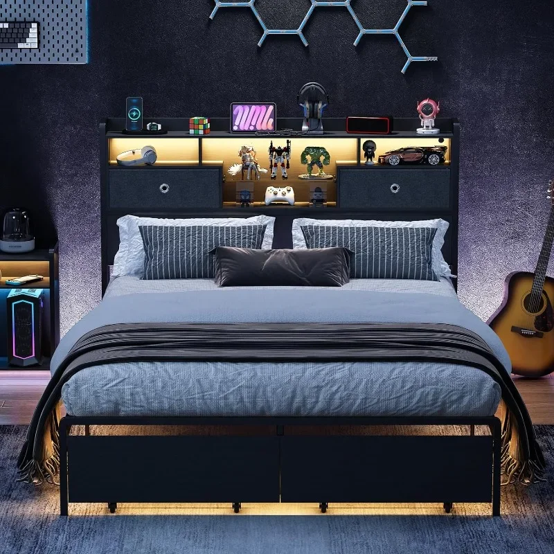 Queen Size Bed Frame with Drawer, Bed Frame Queen Size with 3-Tier Storage Headbord, 2 Storage Baskets, LED, Charging Station
Queen Size Bed Frame with Drawer, Bed Frame Queen Size with 3-Tier Storage Headbord, 2 Storage Baskets, LED, Charging Station