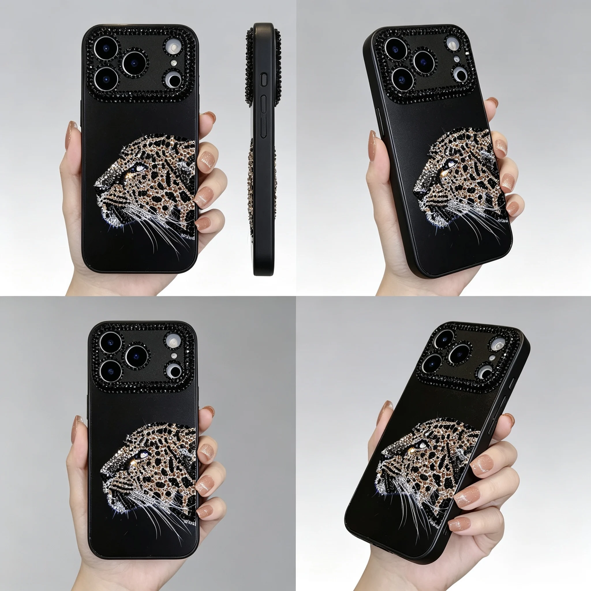 Suitable for iPhone, custom high-end water-drill leopard head phone case.
Suitable for iPhone, custom high-end water-drill leopard head phone case.