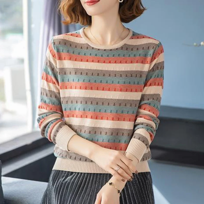 Женский офисный женский простой полосатый свитер с круглым вырезом и длинными рукавами, осень-зима, винтажные вязаные пуловеры, женская одежда, футболка 
Женский офисный женский простой полосатый свитер с круглым вырезом и длинными рукавами, осень-зима, винтажные вязаные пуловеры, женская одежда, футболка