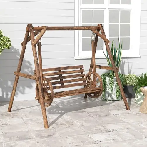 Two-Person Rustic Log Wood Swing With A-Frame Support And Decorative Wagon Wheel Arms For Outdoor Patio Garden Use
Two-Person Rustic Log Wood Swing With A-Frame Support And Decorative Wagon Wheel Arms For Outdoor Patio Garden Use