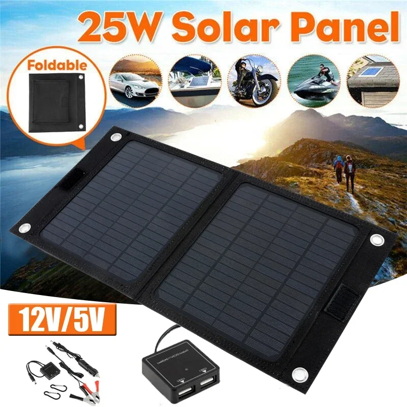 12V Foldable Solar Panel Charger 25W Portable Folding Solar Cells Charger Outdoor Mobile Power Bank for Phone Battery USB Port
12V Foldable Solar Panel Charger 25W Portable Folding Solar Cells Charger Outdoor Mobile Power Bank for Phone Battery USB Port