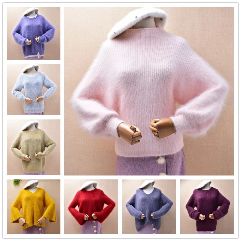 Женская осенне-зимняя одежда, розовая волосатая норковая кашемировая вязаная большая водолазка с длинными рукавами, свободный пуловер, свитер, джемпер 
Женская осенне-зимняя одежда, розовая волосатая норковая кашемировая вязаная большая водолазка с длинными рукавами, свободный пуловер, свитер, джемпер