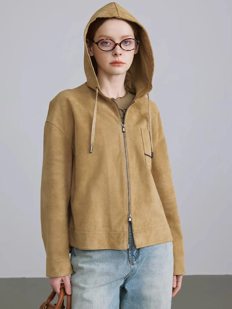 Casual Hooded Genuine Leather Suede Jackets for Women Spring Autumn Simple Loose Short Real Sheepskin Leather Coat jaqueta couro
Casual Hooded Genuine Leather Suede Jackets for Women Spring Autumn Simple Loose Short Real Sheepskin Leather Coat jaqueta couro