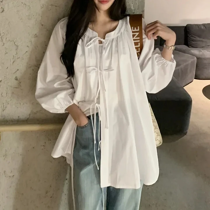 Autumn 2025 Korean Style O Neck Lantern Long Sleeve Shirt White Lace Up Blouse Female Outwear Sun protection tops (Ge1595
Autumn 2025 Korean Style O Neck Lantern Long Sleeve Shirt White Lace Up Blouse Female Outwear Sun protection tops (Ge1595