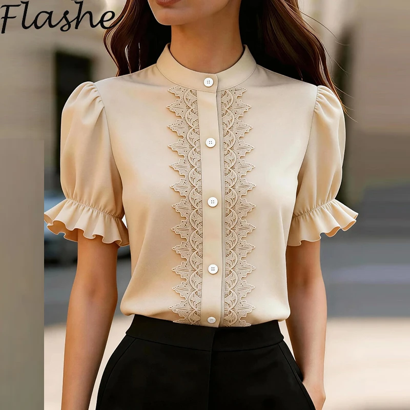 New Summer Short Sleeve Women Button Shirt Blouses Lace Patchwork Office Lady Shirt Tops Female Fashion Blouse Tops
New Summer Short Sleeve Women Button Shirt Blouses Lace Patchwork Office Lady Shirt Tops Female Fashion Blouse Tops