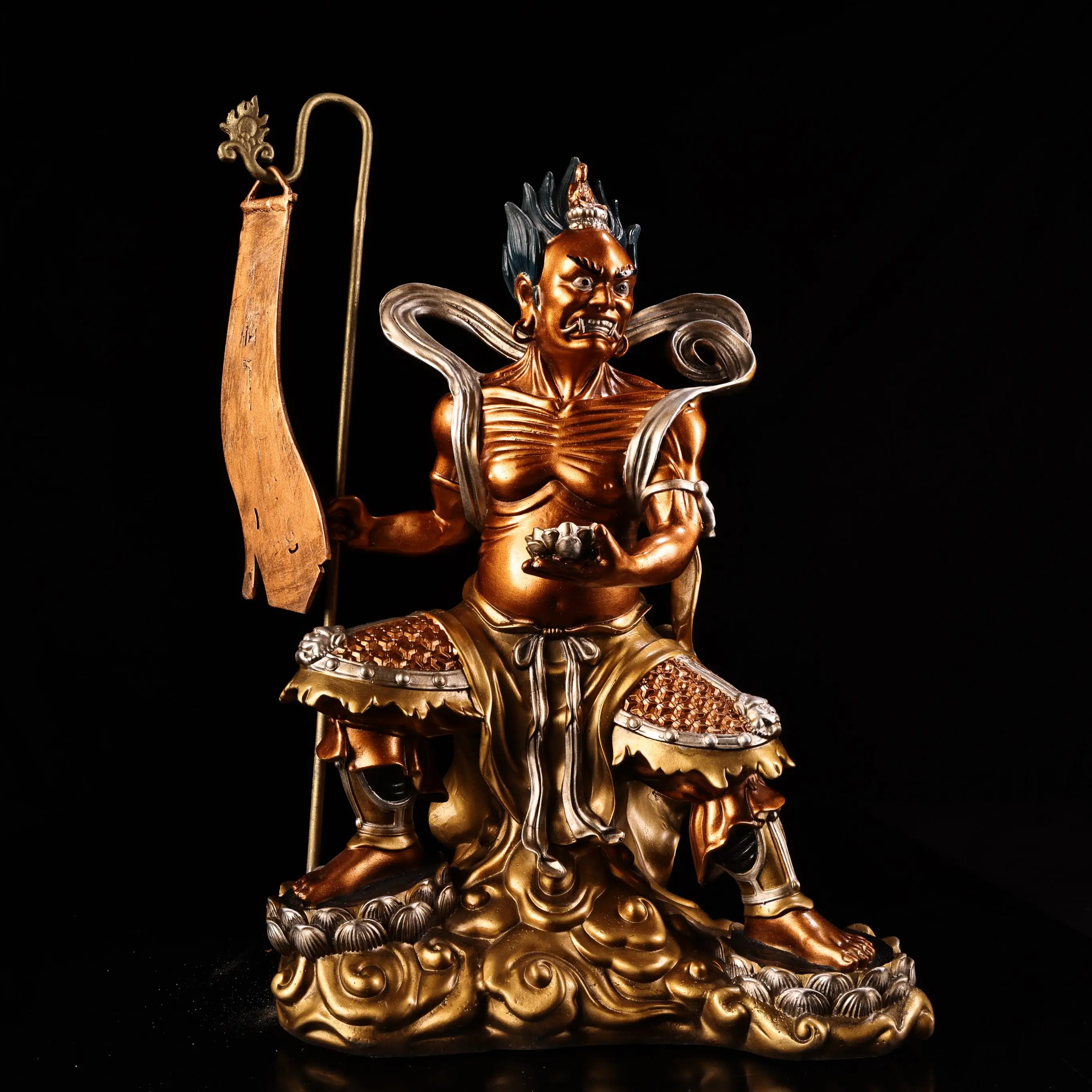 15"Old Bronze Painted Gilded Mianran Dashi seated Buddha Diamond Buddha Take the prayer flag Study Amass wealth Ornaments
15"Old Bronze Painted Gilded Mianran Dashi seated Buddha Diamond Buddha Take the prayer flag Study Amass wealth Ornaments