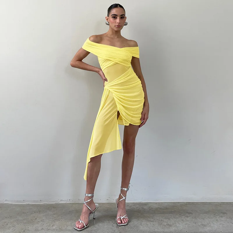 2025 women's solid color irregular mesh off-shoulder one-shoulder streamer short skirt club party dress Vestidos
2025 women's solid color irregular mesh off-shoulder one-shoulder streamer short skirt club party dress Vestidos