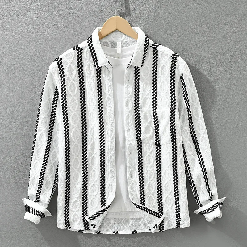 Fashionable Knitted Striped Long Sleeve Shirt Men's Loose Casual Artistic Street Style Top Comfortable Polyester Blend
Fashionable Knitted Striped Long Sleeve Shirt Men's Loose Casual Artistic Street Style Top Comfortable Polyester Blend