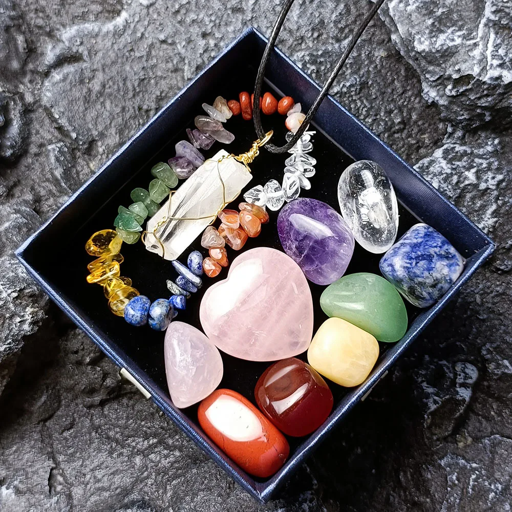 Natural 7 Chakra Colorful Crushed Stone Bracelet Clear Quartz Point Pendant Gemstone Reiki Healing Crystals Set Ornament Gifts
Natural 7 Chakra Colorful Crushed Stone Bracelet Clear Quartz Point Pendant Gemstone Reiki Healing Crystals Set Ornament Gifts
