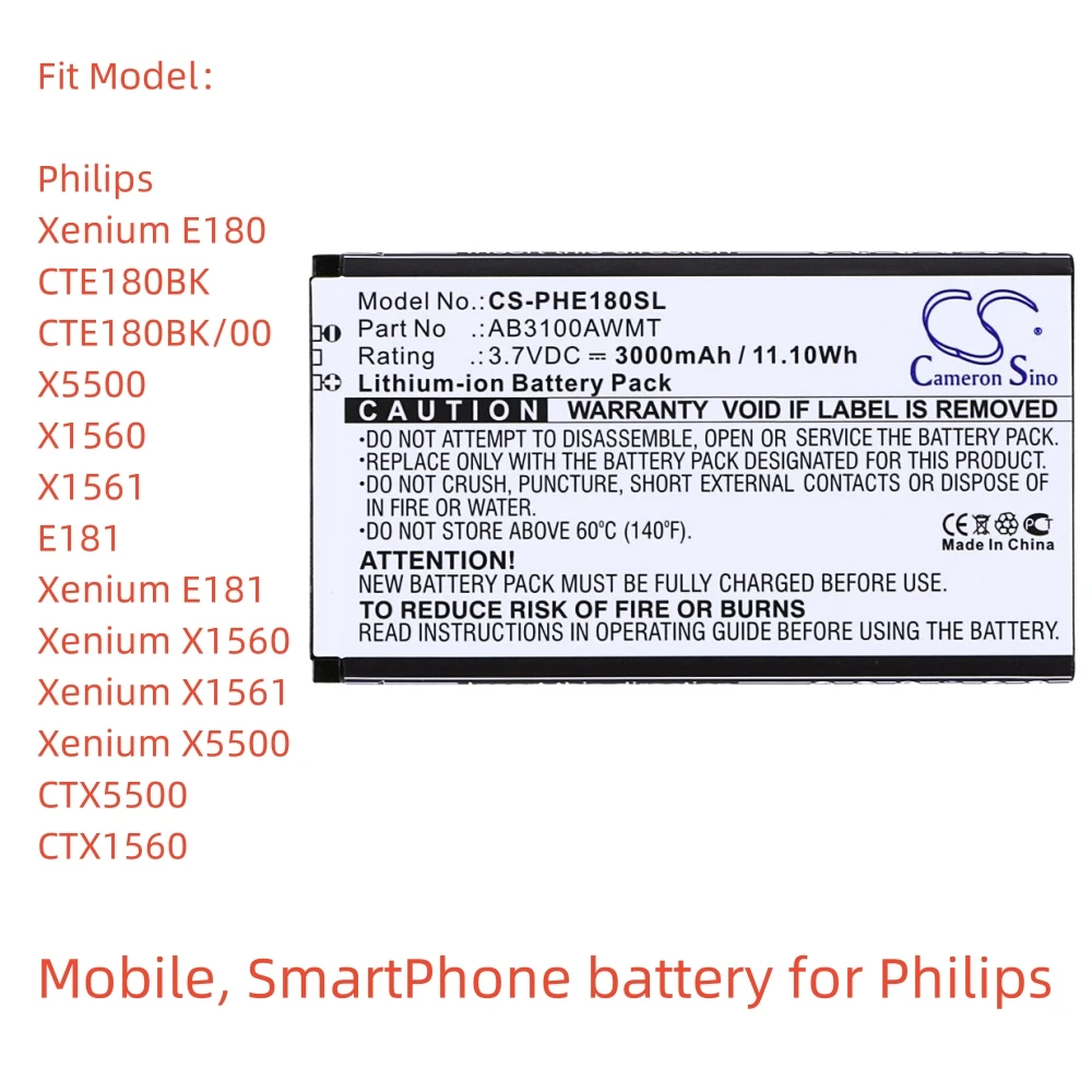 Li-ion Mobile, SmartPhone battery for Philips,3.7V,3000mAh,Xenium E180 CTE180BK CTE180BK/00 X5500 X1560 X1561 E181 CTX5500
Li-ion Mobile, SmartPhone battery for Philips,3.7V,3000mAh,Xenium E180 CTE180BK CTE180BK/00 X5500 X1560 X1561 E181 CTX5500