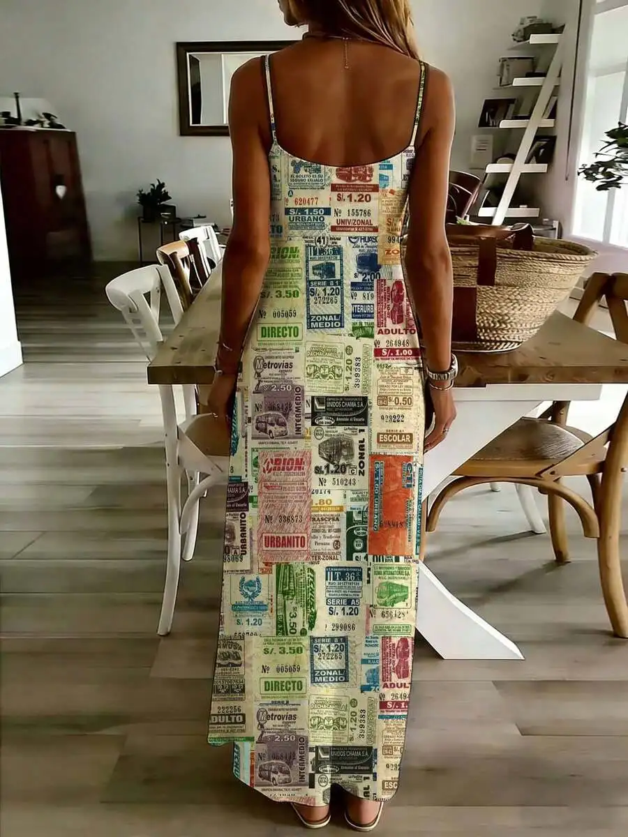 Colorful Ticket Print Spaghetti Strap Sleeveless Maxi Dress For Women Casual Summer Beach Wear
Colorful Ticket Print Spaghetti Strap Sleeveless Maxi Dress For Women Casual Summer Beach Wear