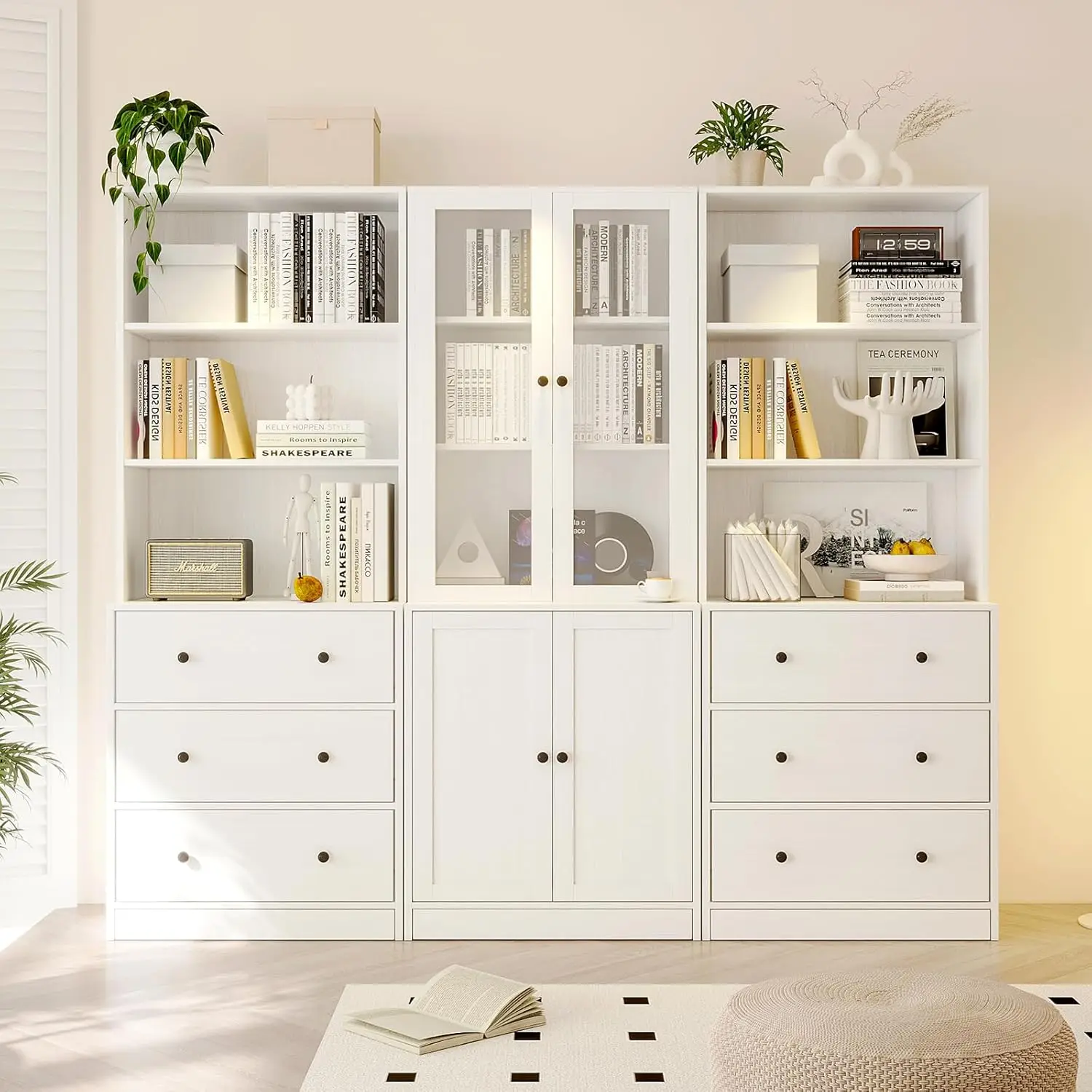 71" Bookshelf Bookcase, 3-Tier Modern Bookshelves 3 Large Drawer, Wood Filing Cabinet w/Open Storage Shelf, Glass Doors for Home
71" Bookshelf Bookcase, 3-Tier Modern Bookshelves 3 Large Drawer, Wood Filing Cabinet w/Open Storage Shelf, Glass Doors for Home