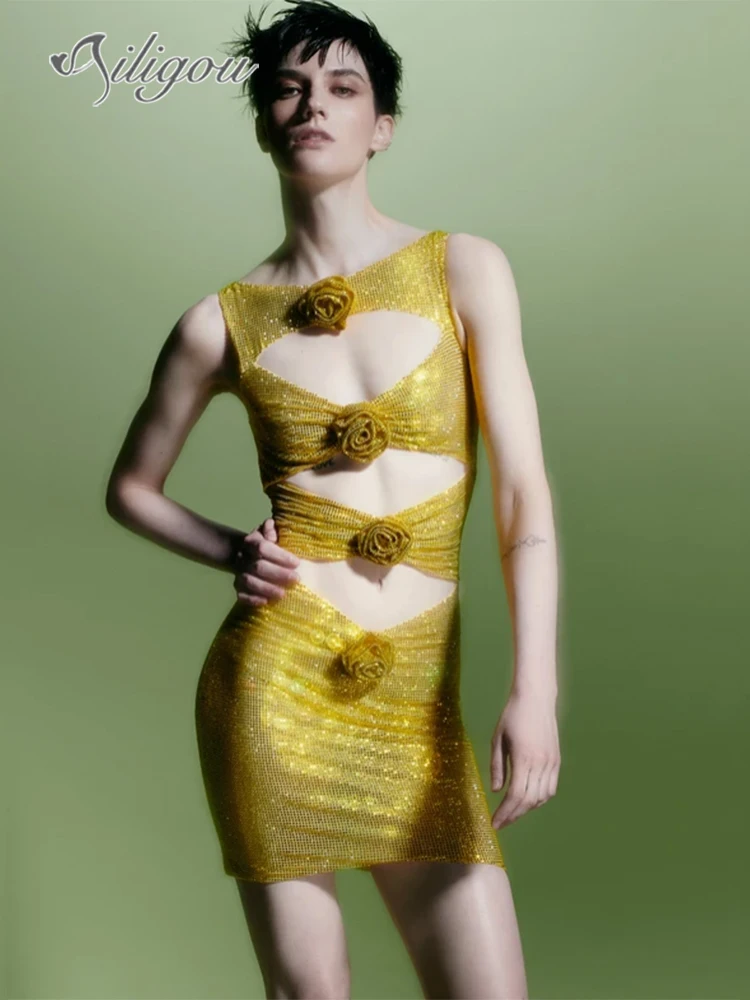 Ailigou 2023 New Summer Women's Luxury Gold Sexy Diamond Flower Hollow Sleeveless Mini Dress Elegant Celebrity Party Dress
Ailigou 2023 New Summer Women's Luxury Gold Sexy Diamond Flower Hollow Sleeveless Mini Dress Elegant Celebrity Party Dress