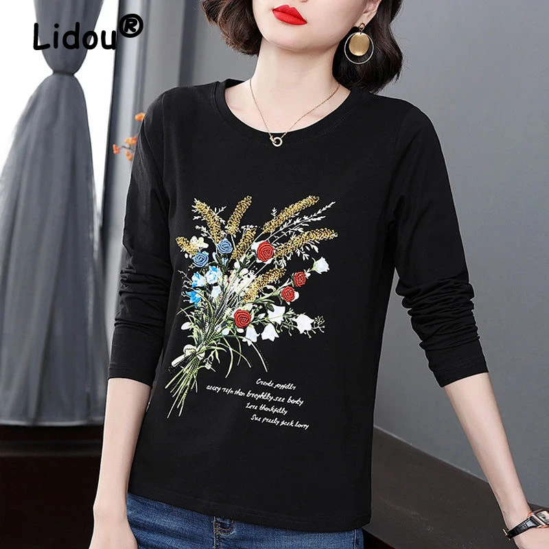 Women's Korean Simple Style Floral Print Loose Long Sleeve Cotton Basic T-shirts Casual Round Neck Loose Top Female Clothing2023
Women's Korean Simple Style Floral Print Loose Long Sleeve Cotton Basic T-shirts Casual Round Neck Loose Top Female Clothing2023