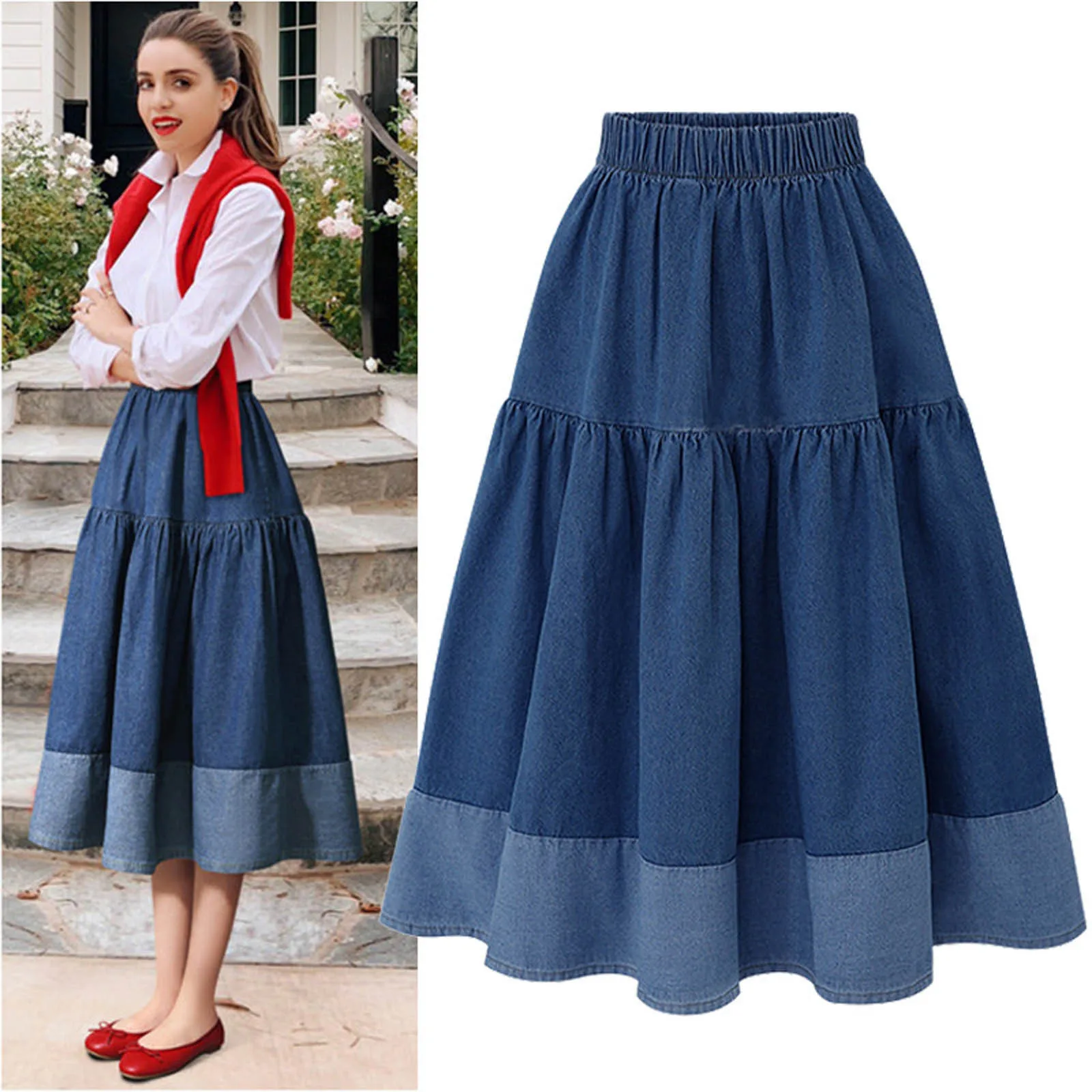High Waist Women Blue Denim Skirts Tiered Elastic Casual A Line Midi Jeans Skirt Streetwear School Girl Skirts Clothes
High Waist Women Blue Denim Skirts Tiered Elastic Casual A Line Midi Jeans Skirt Streetwear School Girl Skirts Clothes