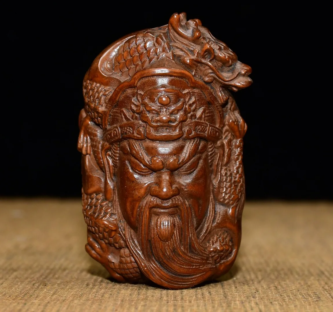 2"Folk Old Boxwood Chinese Loong Statue Dragon Guan Gong Buddha Head Handle Amass wealth Ornaments Town house Exorcism
2"Folk Old Boxwood Chinese Loong Statue Dragon Guan Gong Buddha Head Handle Amass wealth Ornaments Town house Exorcism