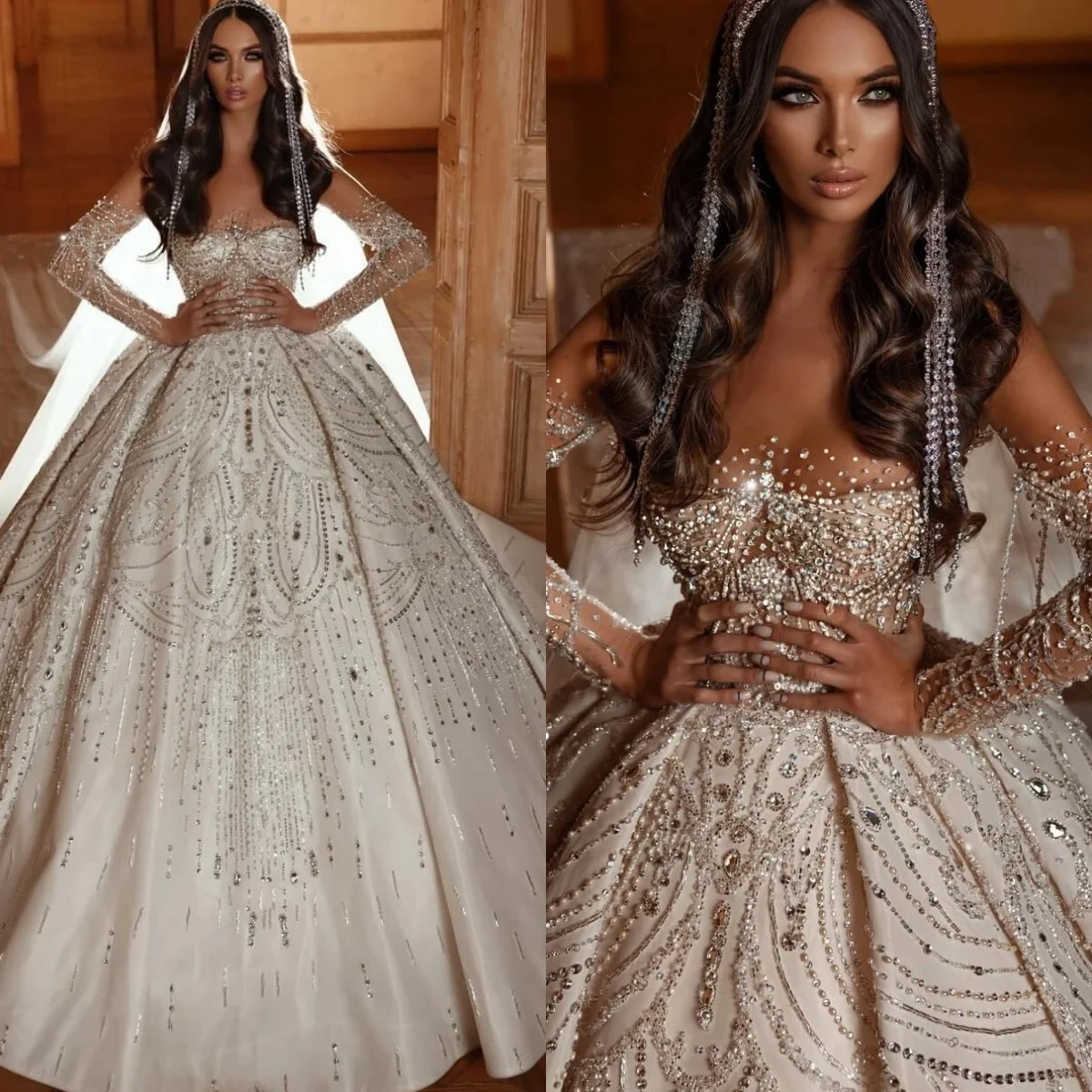 Shiny Wedding Dress Rhinestone Bridal Ball Gowns Crystal Beading Bride Dresses Long Sleeves Princess Customized Vestido de novia
Shiny Wedding Dress Rhinestone Bridal Ball Gowns Crystal Beading Bride Dresses Long Sleeves Princess Customized Vestido de novia