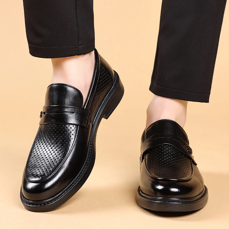 Mens Black Penny Loafers With Perforated Detail Slip On Comfortable Breathable Dress Shoes For Business Office And Summer Wear
Mens Black Penny Loafers With Perforated Detail Slip On Comfortable Breathable Dress Shoes For Business Office And Summer Wear
