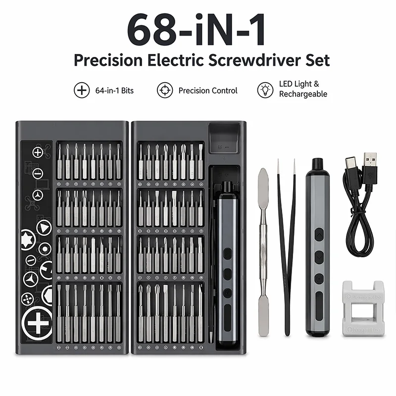 68 in 1 Precision Electric Screwdriver Set Rechargeable Mini Cordless Power Drivers Kit 64 Bits Tweezers Pry Bar For Laptop Cam
68 in 1 Precision Electric Screwdriver Set Rechargeable Mini Cordless Power Drivers Kit 64 Bits Tweezers Pry Bar For Laptop Cam
