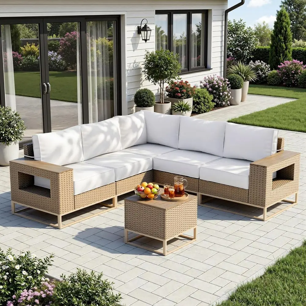 Outdoor Patio urniture Set, 6 Piece Tan PE Rattan Wicker Sectional Soa with Thickened Cushions and Coee Table, ern ular L-Shaped
Outdoor Patio urniture Set, 6 Piece Tan PE Rattan Wicker Sectional Soa with Thickened Cushions and Coee Table, ern ular L-Shaped