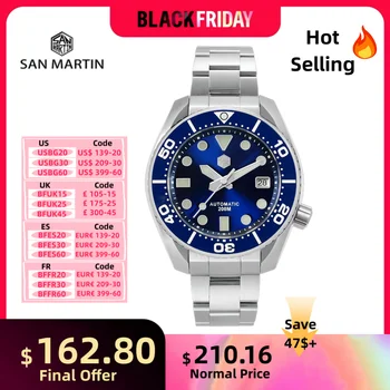 San Martin 남성용 자동 기계식 시계, 럭셔리 사파이어 세라믹 베젤, 20Bar, BGW-9 Lume, 날짜 창 SN0079, MM200, NH35