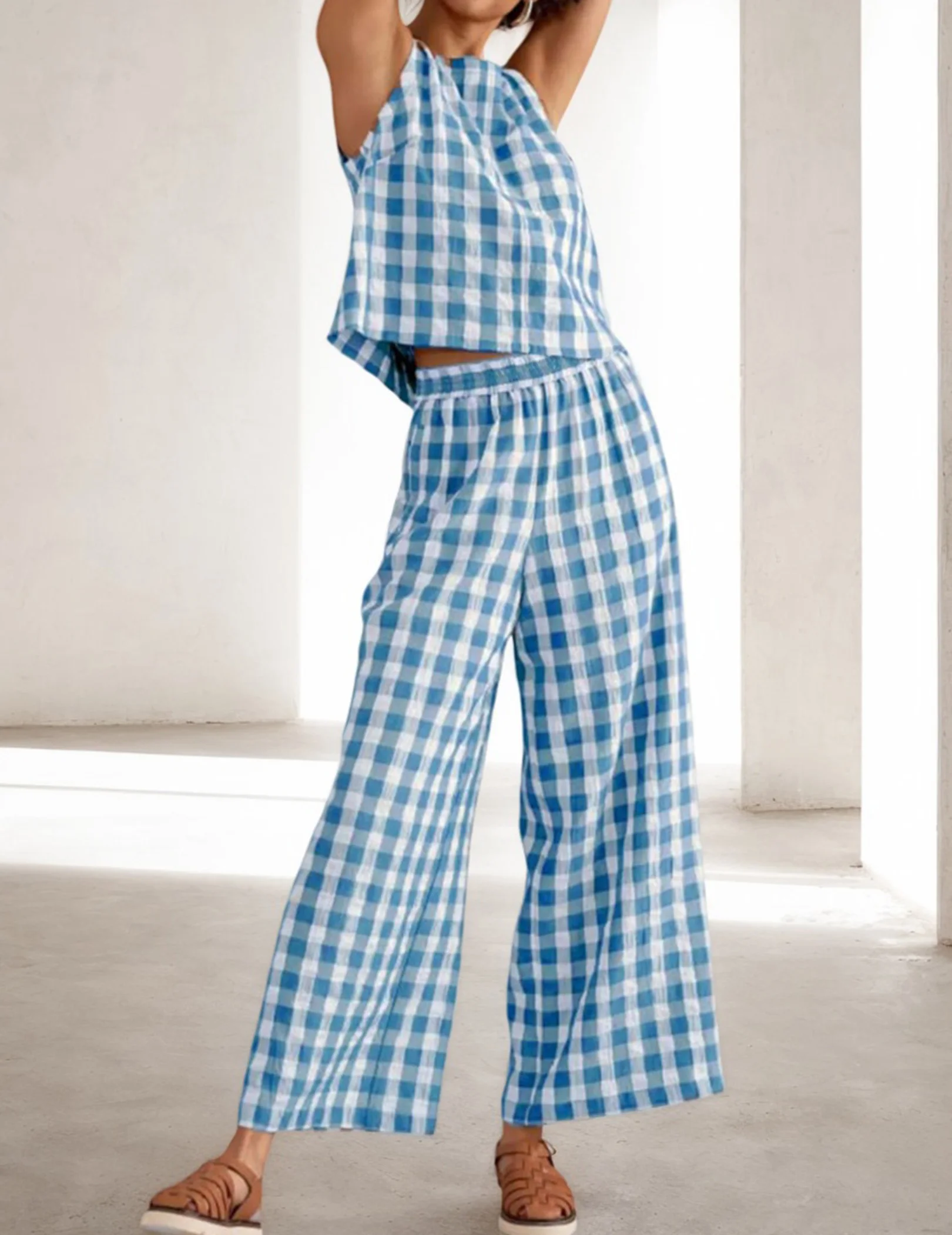 Женская летняя одежда из двух предметов, майка без рукавов, мешковатые широкие брюки, костюмы в клетку, комплект для отдыха для путешествий, отпуска
Женская летняя одежда из двух предметов, майка без рукавов, мешковатые широкие брюки, костюмы в клетку, комплект для отдыха для путешествий, отпуска