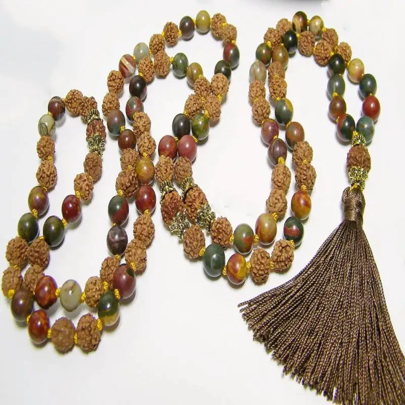 Natural Rudraksha & Unakite 108 Beads Mala Necklace with Bronze Tassel Spiritual Meditation Jewelry
Natural Rudraksha & Unakite 108 Beads Mala Necklace with Bronze Tassel Spiritual Meditation Jewelry