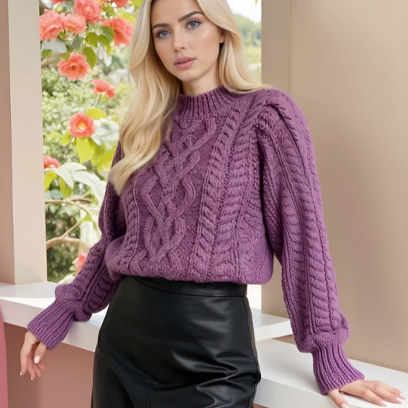 Autumn Vintage Style Twists Women Sweater Korean Long Sleeve Mock Neck Knitted Top Elegant Purple Knitwear Casual Knit Pullover
Autumn Vintage Style Twists Women Sweater Korean Long Sleeve Mock Neck Knitted Top Elegant Purple Knitwear Casual Knit Pullover