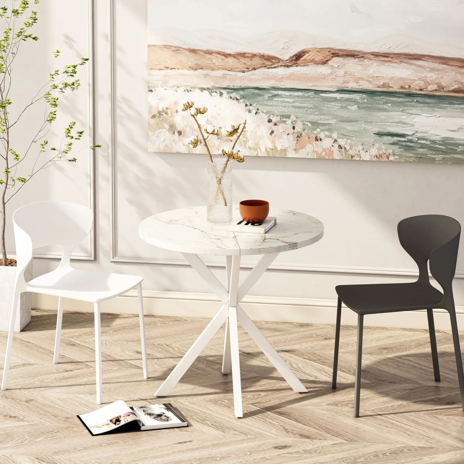 31.5'' Modern Cross Leg Round Dining Table, White Marble Top Occasional Table, Two Piece Removable Top, Matte Finish Iron Legs
31.5'' Modern Cross Leg Round Dining Table, White Marble Top Occasional Table, Two Piece Removable Top, Matte Finish Iron Legs