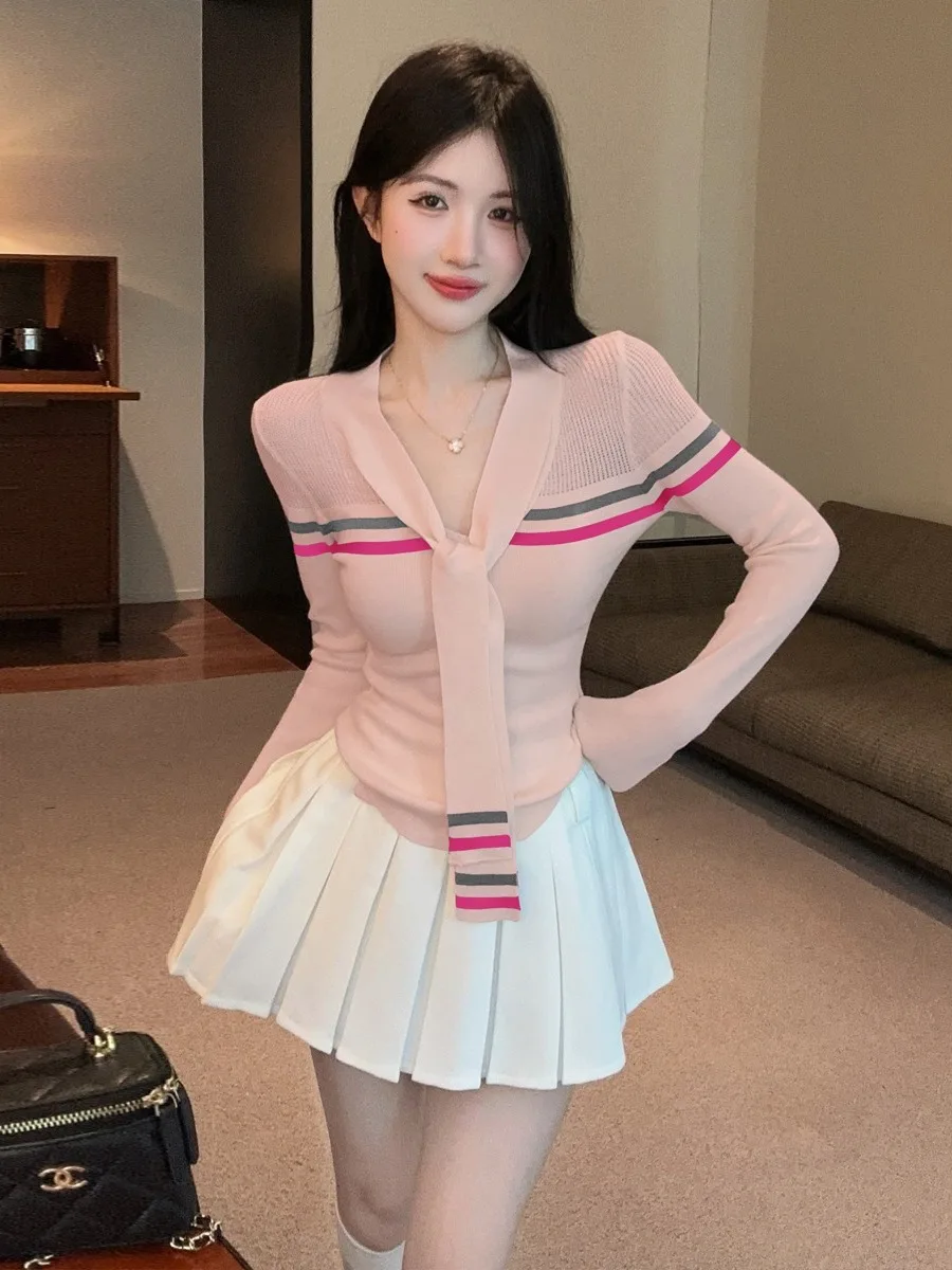 Pure Desire Ele Agel с v-образным вырезом и поясом, цветная полосатая длинная трикотажная юбка-плиссированная юбка, комплект из двух предметов для девочек
Pure Desire Ele Agel с v-образным вырезом и поясом, цветная полосатая длинная трикотажная юбка-плиссированная юбка, комплект из двух предметов для девочек