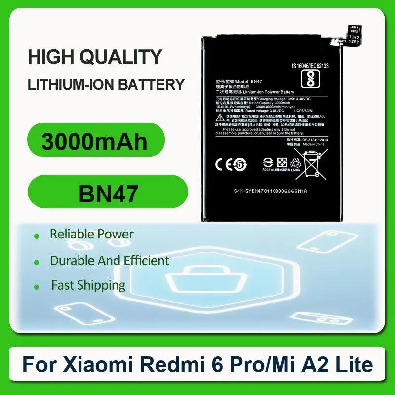 Сменный аккумулятор мобильного телефона для Xiaomi Redmi 6 Pro/Mi A2 Lite BN47 3000 мАч
Сменный аккумулятор мобильного телефона для Xiaomi Redmi 6 Pro/Mi A2 Lite BN47 3000 мАч