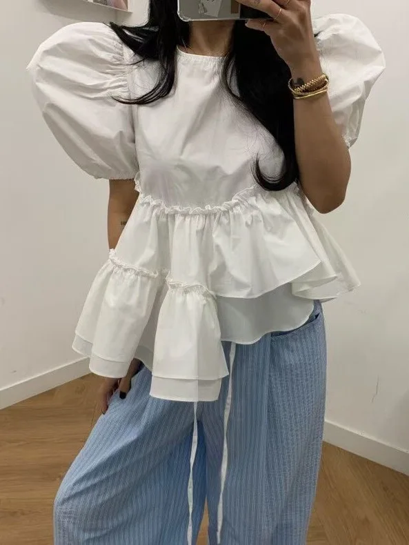 Korean Style Loose Fit Bubble Sleeve Shirt Women's Fashion Slimming Design Asymmetrical Hem Short Sleeve Top
Korean Style Loose Fit Bubble Sleeve Shirt Women's Fashion Slimming Design Asymmetrical Hem Short Sleeve Top