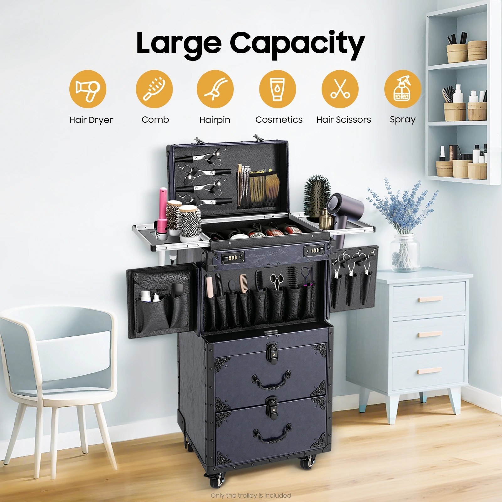 Cosmetic Luggage, Large Storage Cosmetic Trolley, Rolling Makeup Case,professional Hairdressing Case Black/Blue with 2 Number of Drawers and Brakes
Cosmetic Luggage, Large Storage Cosmetic Trolley, Rolling Makeup Case,professional Hairdressing Case Black/Blue with 2 Number of Drawers and Brakes