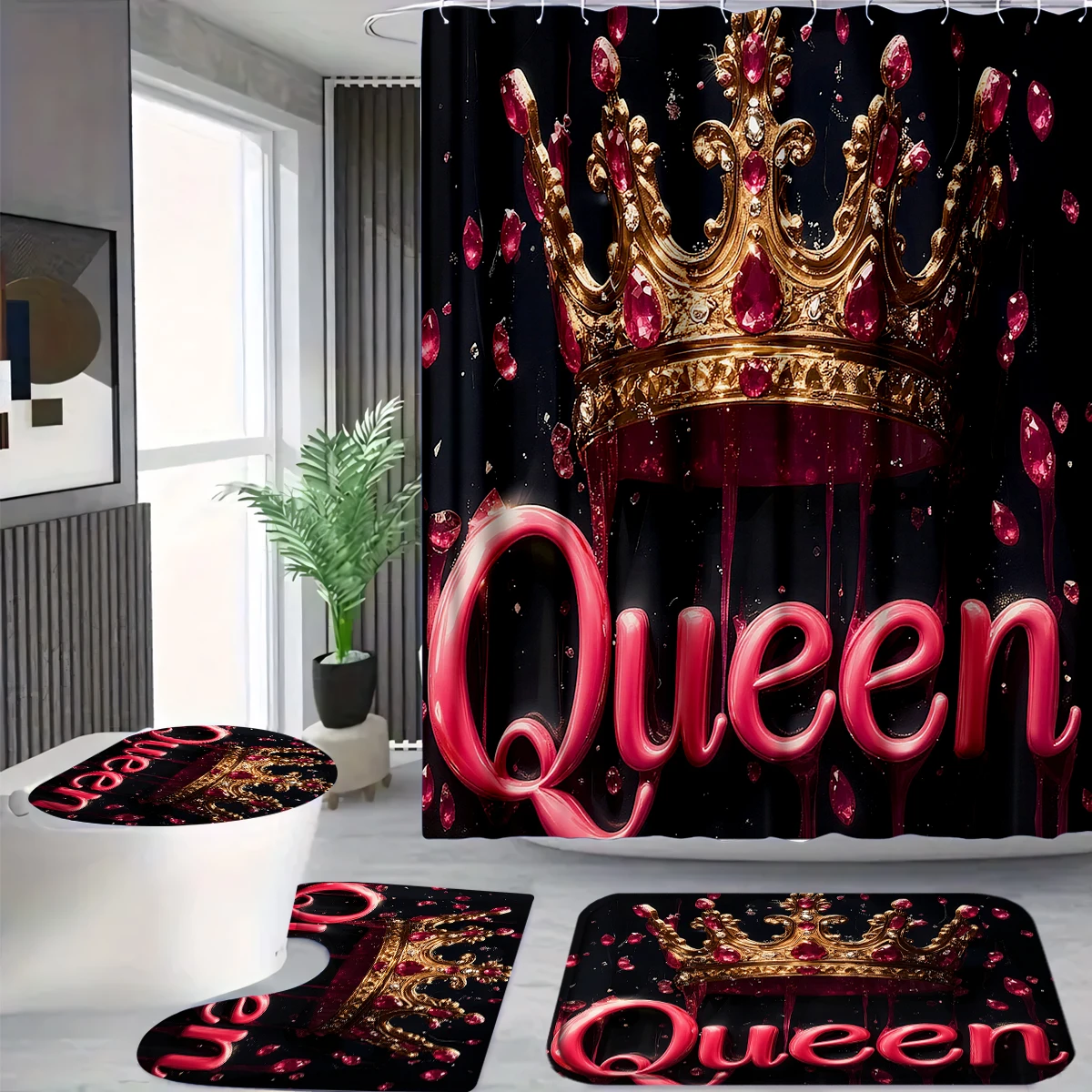 4 Pcs/Set Queen Crown Shower Curtain Bathroom Set, Red Gem Print Waterproof Mildew Resistant Fabric, Family Bathroom Decor, Glam & Regal Style Bath Mat Set, Fits Apartment, Guest Bathroom, Home Use, Includes 12 Free Hooks
4 Pcs/Set Queen Crown Shower Curtain Bathroom Set, Red Gem Print Waterproof Mildew Resistant Fabric, Family Bathroom Decor, Glam & Regal Style Bath Mat Set, Fits Apartment, Guest Bathroom, Home Use, Includes 12 Free Hooks