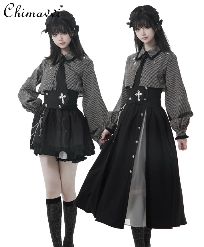 Japanese Gothic Sweet Cool Girl Long Sleeve Loose Striped Shirt Cross Decoration Asymmetric Long Skirt Pants Set Women's Set
Japanese Gothic Sweet Cool Girl Long Sleeve Loose Striped Shirt Cross Decoration Asymmetric Long Skirt Pants Set Women's Set