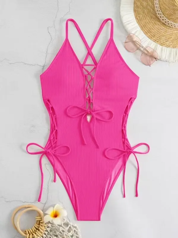 Sexy Lace Up Swimsuit Halterneck Backless Deep V Neck Lace Up Bathing Suit Ladies Swimwear Solid Color One Piece Bodysuits
Sexy Lace Up Swimsuit Halterneck Backless Deep V Neck Lace Up Bathing Suit Ladies Swimwear Solid Color One Piece Bodysuits