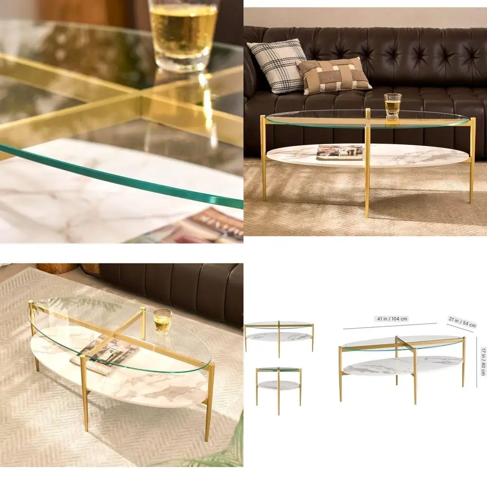 Mid-Century Modern Coffee Table with Glass Top and Gold Legs, Thick Tempered Glass and White Marble MDF Shelf
Mid-Century Modern Coffee Table with Glass Top and Gold Legs, Thick Tempered Glass and White Marble MDF Shelf