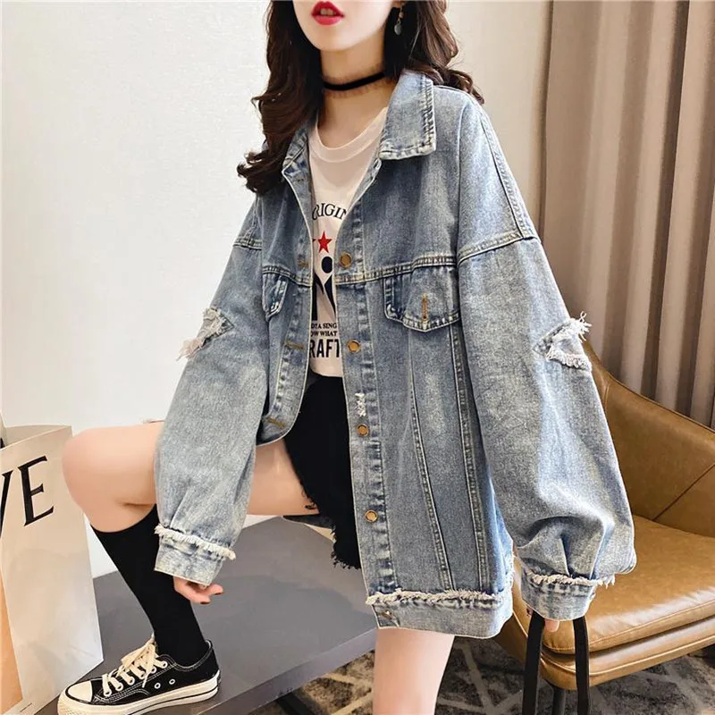 Korean Version Blue Retro Loose Casual Ripped Denim Jacket for Women's New Style Long Sleeved Ripped TopHong Kong Style
Korean Version Blue Retro Loose Casual Ripped Denim Jacket for Women's New Style Long Sleeved Ripped TopHong Kong Style