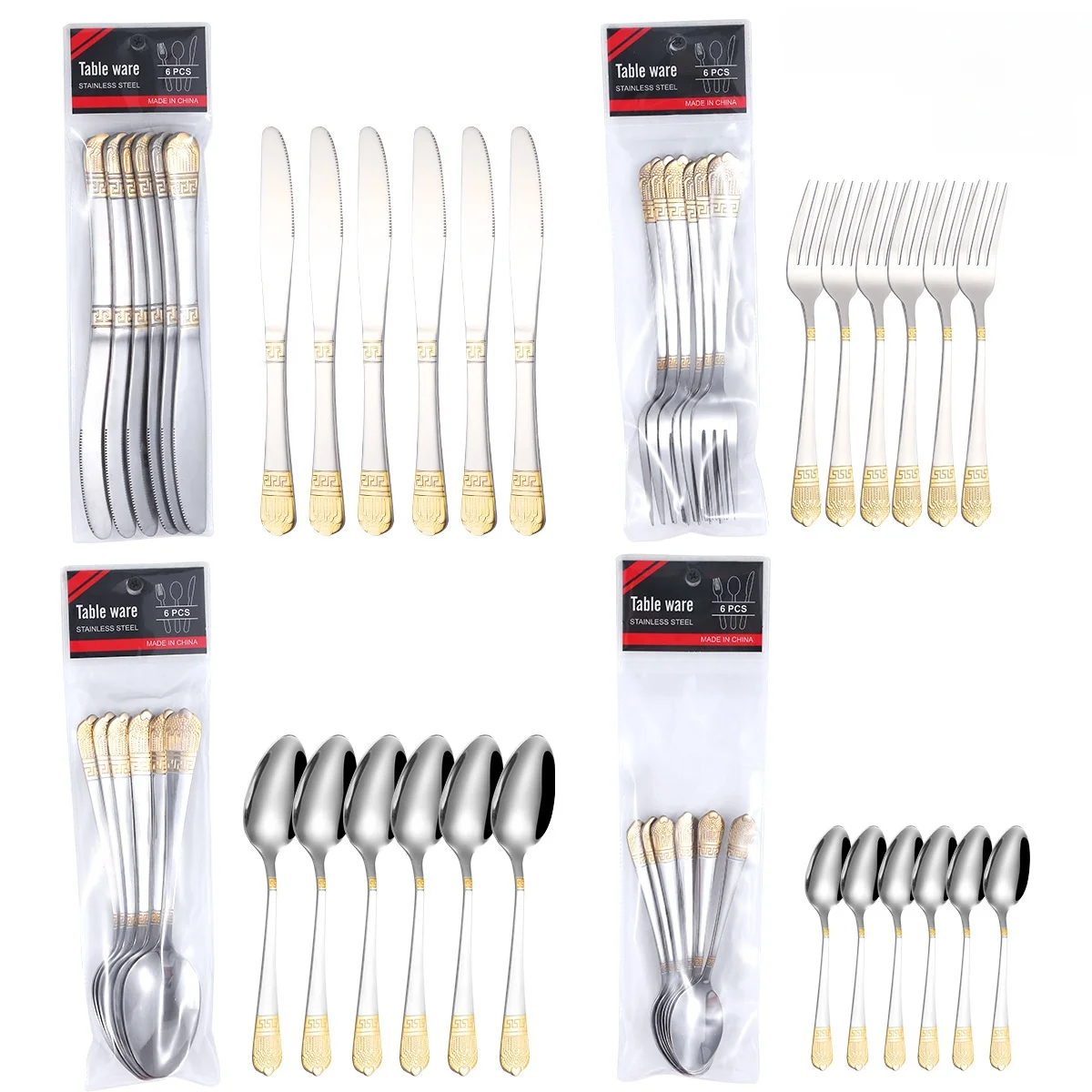 Middle East Series 6-Piece Stainless Steel Dining Set with Star Diamond Plated Real Gold Western Cutlery Knife Fork Spoon PVC...
Middle East Series 6-Piece Stainless Steel Dining Set with Star Diamond Plated Real Gold Western Cutlery Knife Fork Spoon PVC...