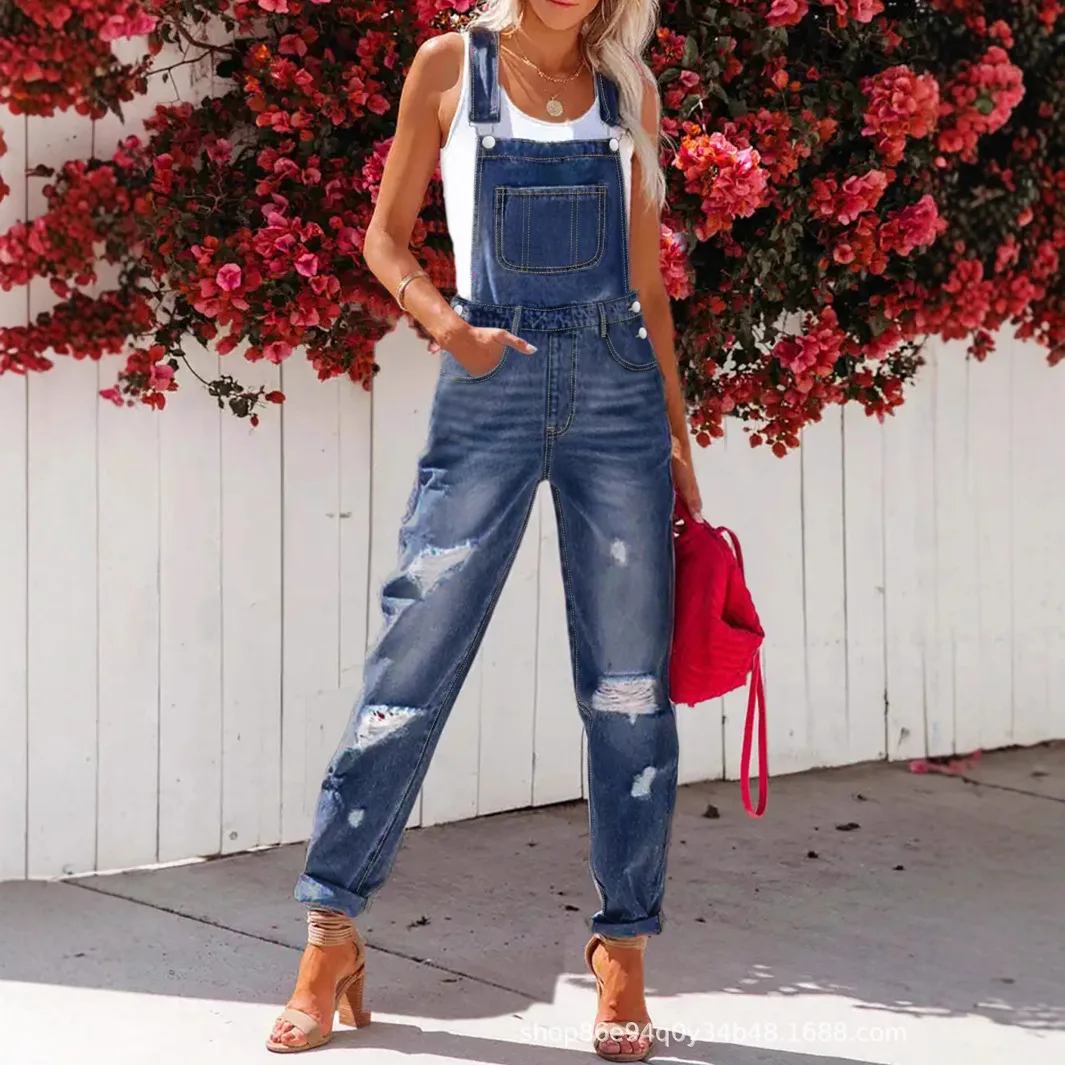 Europe and America New Fashionable Washed Ripped Denim Suspenders. Loose Straight-leg Jumpsuits for Women in Spring and Summer
Europe and America New Fashionable Washed Ripped Denim Suspenders. Loose Straight-leg Jumpsuits for Women in Spring and Summer