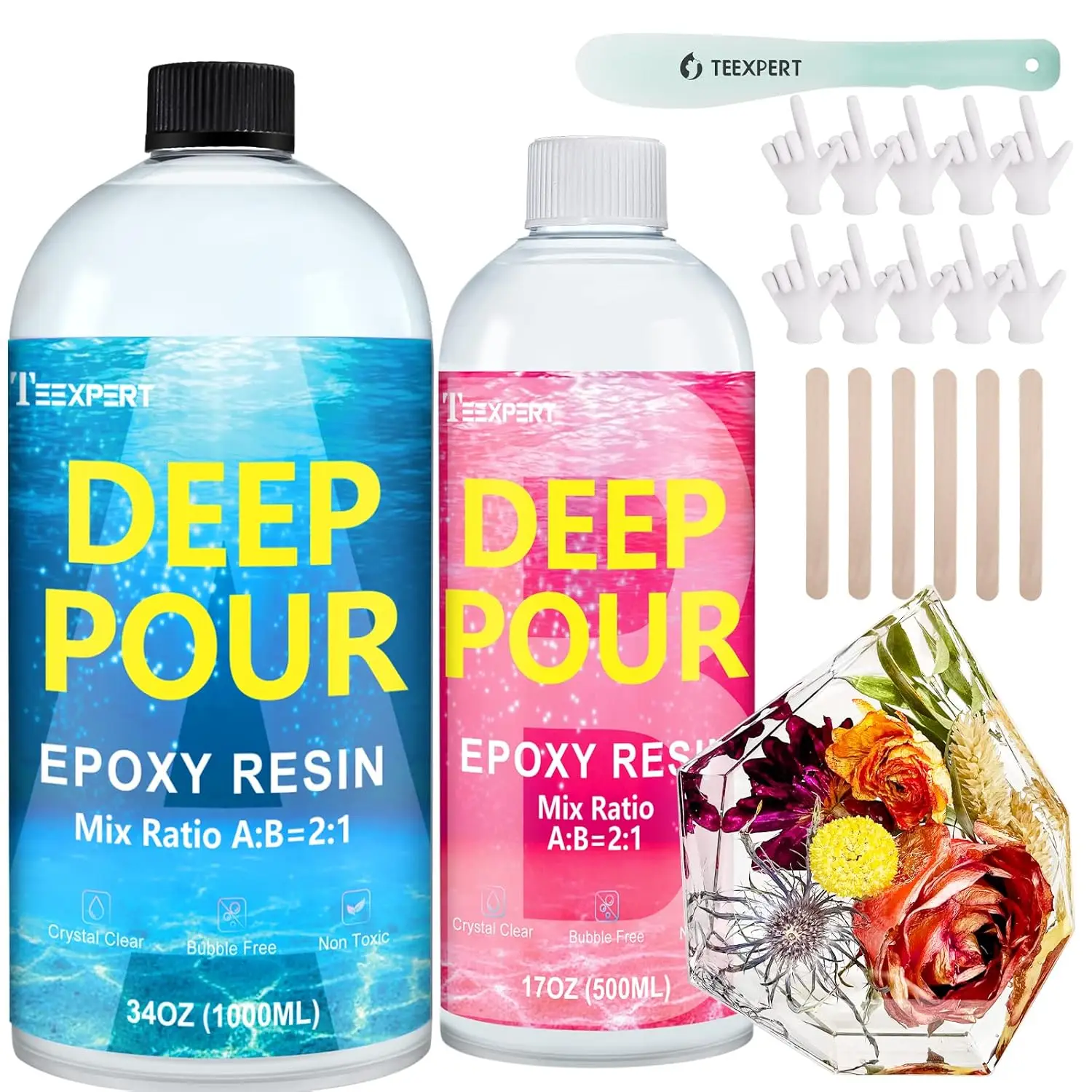 Deep Pour Epoxy Resin, 51oz Epoxy Resin Kit for 2-4" Pour Depths, Crystal Clear & High Gloss, Bubble-Free Casting Resin
Deep Pour Epoxy Resin, 51oz Epoxy Resin Kit for 2-4" Pour Depths, Crystal Clear & High Gloss, Bubble-Free Casting Resin